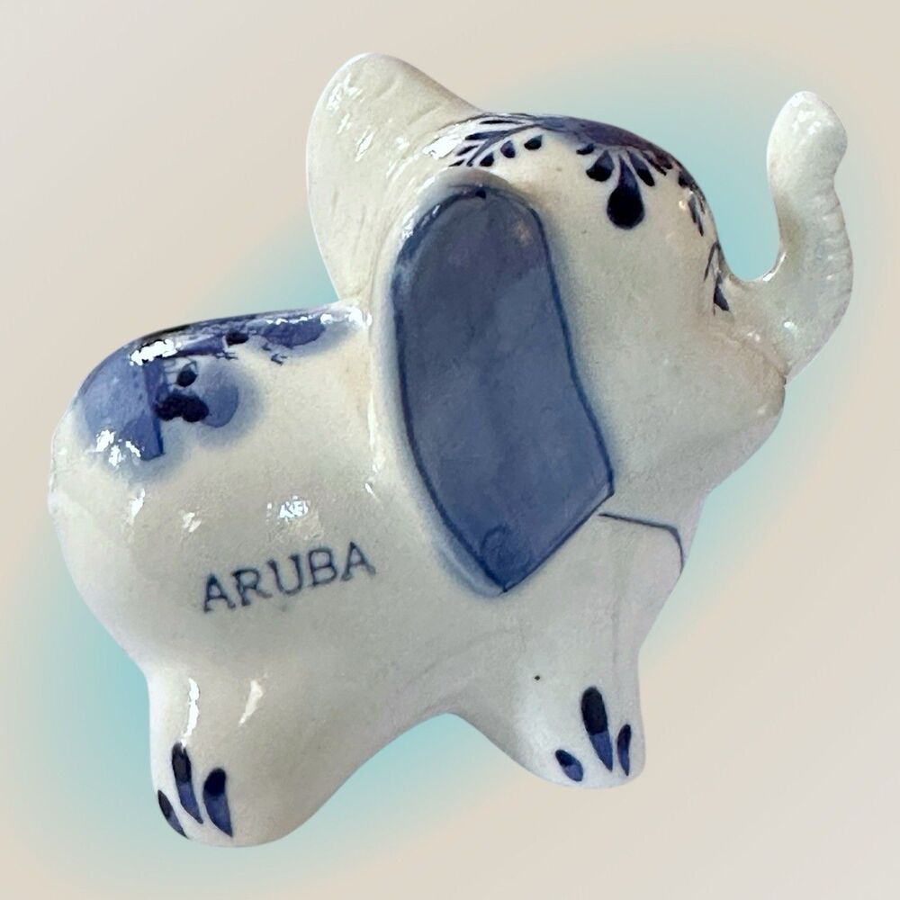 Aruba Souvenir Delft Blue Handpainted Ceramic Elephant Floral & Windmill Pattern - Picture 2 of 9